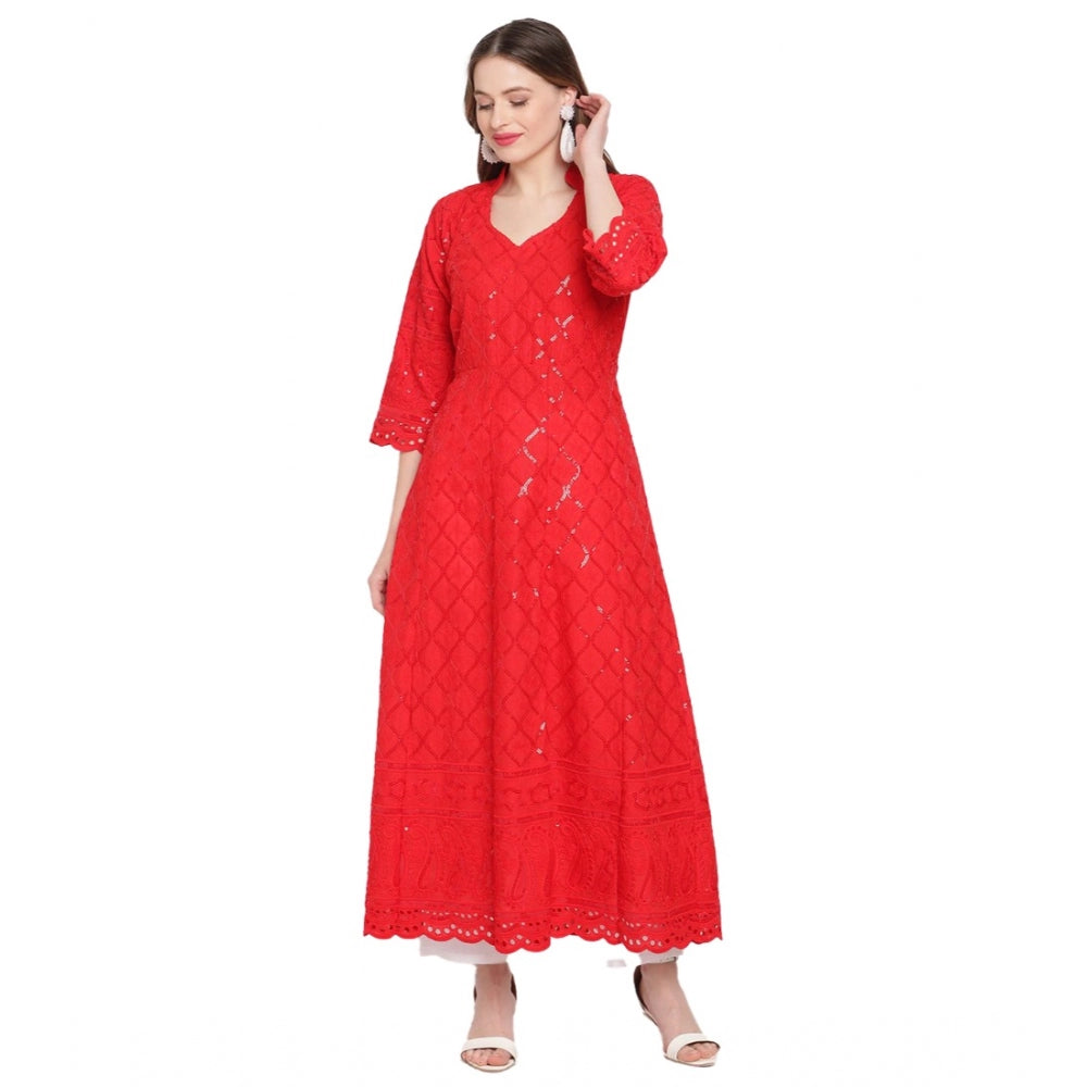 Generic Women's Casual 3/4th Sleeve Embroidered Cotton Kurti (Red) - Noble Nook