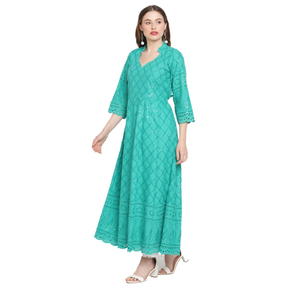 Generic Women's Casual 3/4th Sleeve Embroidered Cotton Kurti (Blue) - Noble Nook