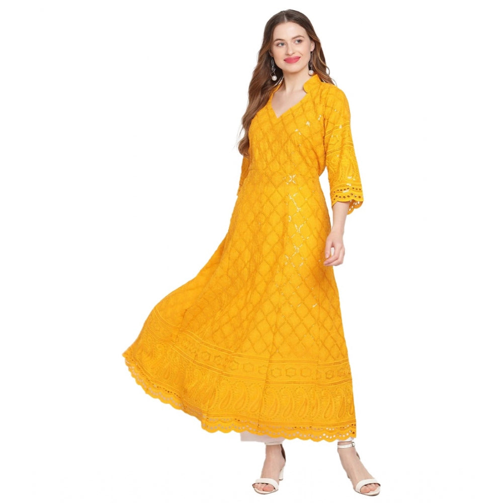 Generic Women's Casual 3/4th Sleeve Embroidered Cotton Kurti (Mustard) - Noble Nook