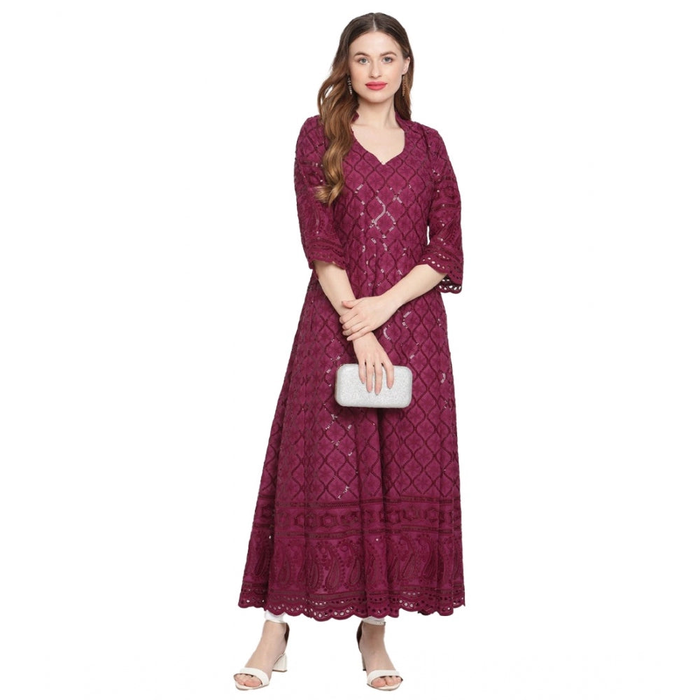 Generic Women's Casual 3/4th Sleeve Embroidered Cotton Kurti (Purple) - Noble Nook