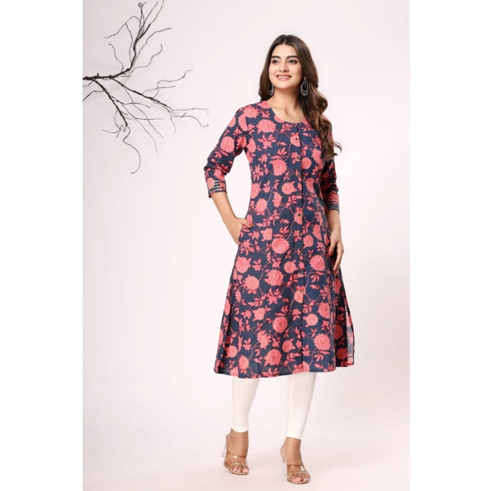 Generic Women's Casual 3/4th Sleeve Floral Printed Cotton Flex Kurti (Navy Blue-Pink) - Noble Nook