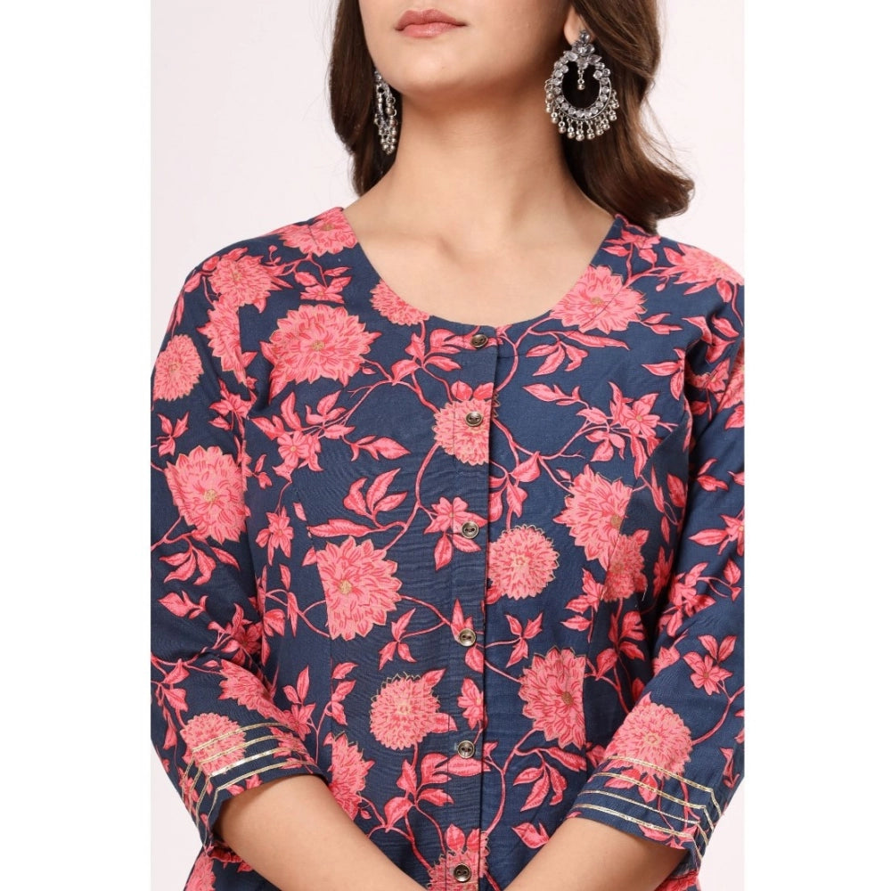 Generic Women's Casual 3/4th Sleeve Floral Printed Cotton Flex Kurti (Navy Blue-Pink) - Noble Nook