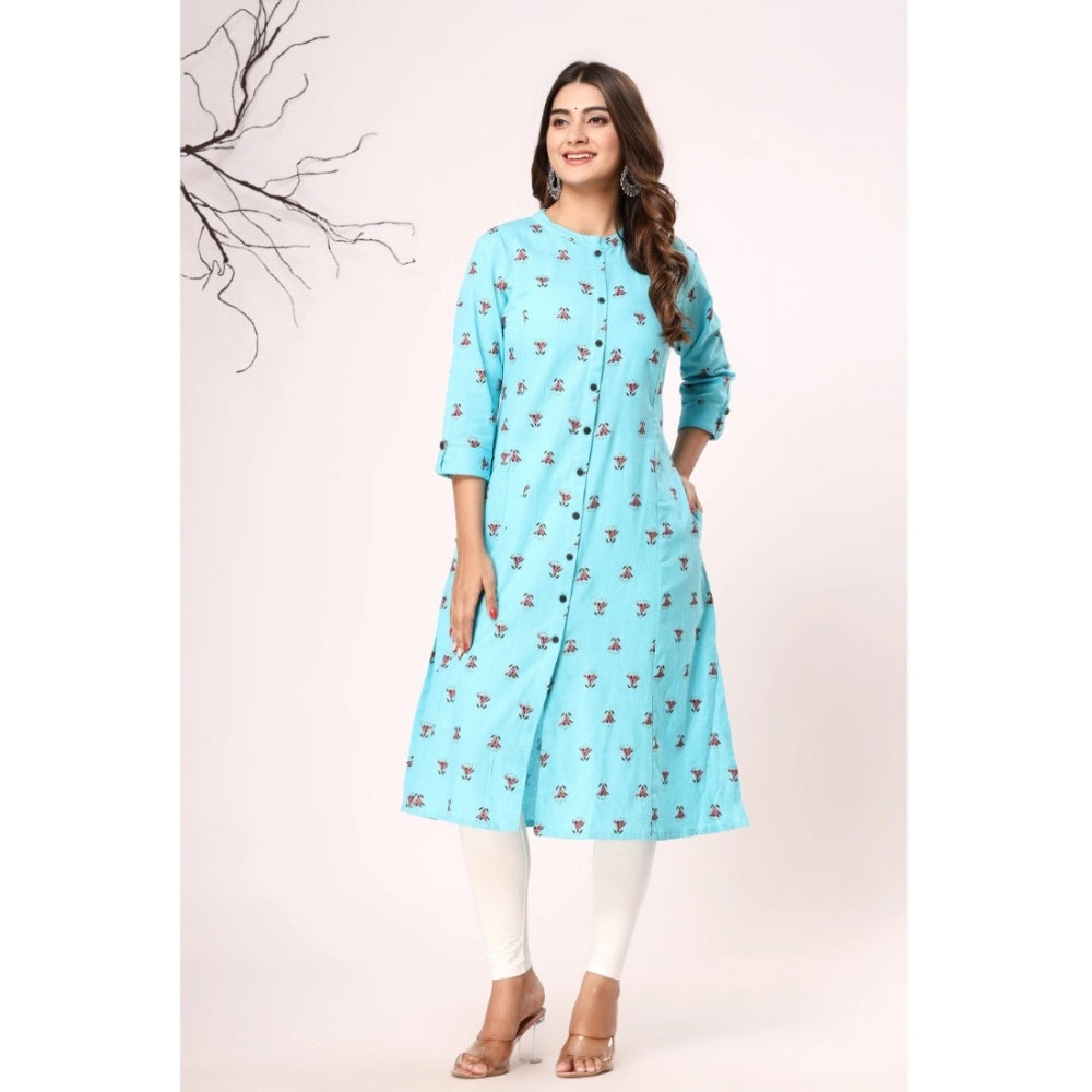 Generic Women's Casual 3/4th Sleeve Floral Printed Cotton Flex Kurti (Blue) - Noble Nook