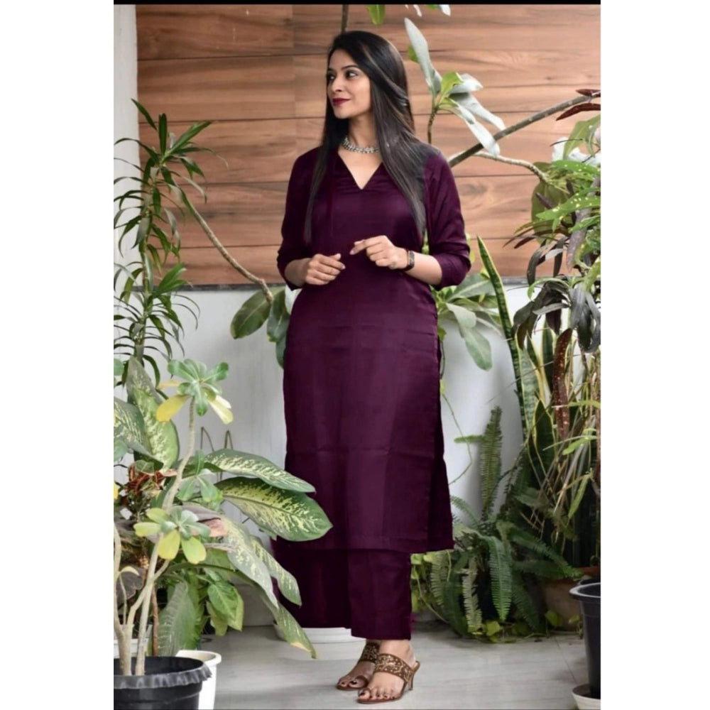 Generic Women's Casual 3/4th Sleeve Solid Jam Cotton kurti With Pant Set (Purple) - Noble Nook