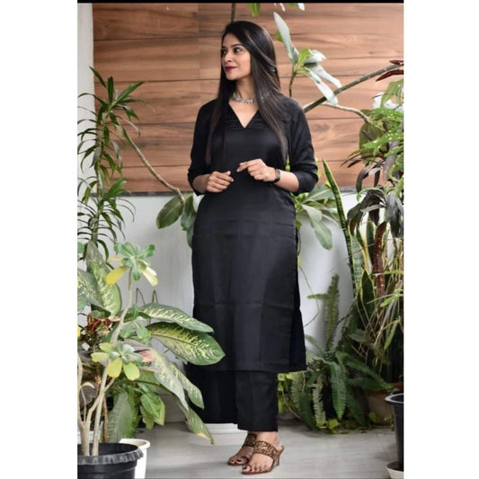 Generic Women's Casual 3/4th Sleeve Solid Jam Cotton kurti With Pant Set (Black) - Noble Nook