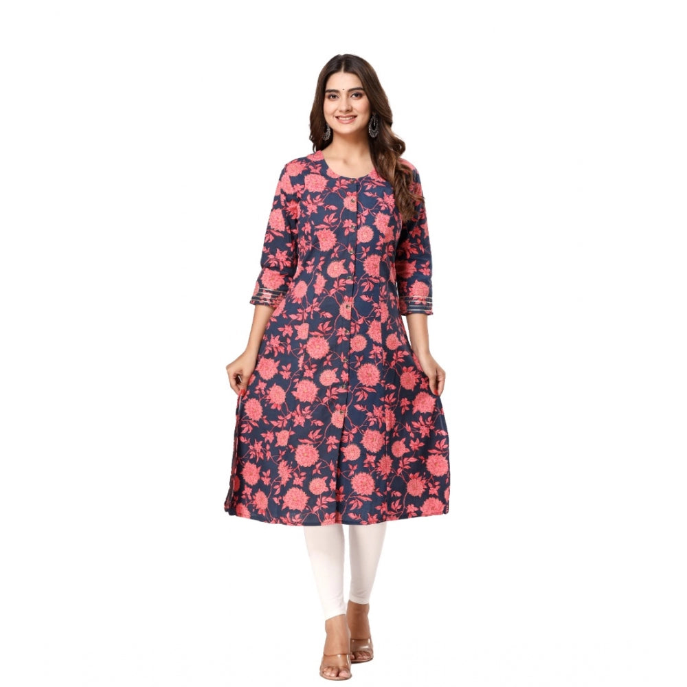 Generic Women's Casual 3/4th Sleeve Floral Printed Cotton Flex Kurti (Navy Blue-Pink) - Noble Nook