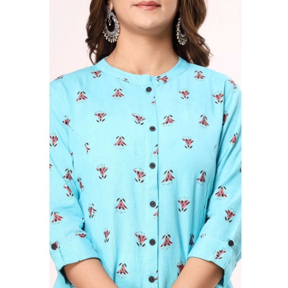 Generic Women's Casual 3/4th Sleeve Floral Printed Cotton Flex Kurti (Blue) - Noble Nook