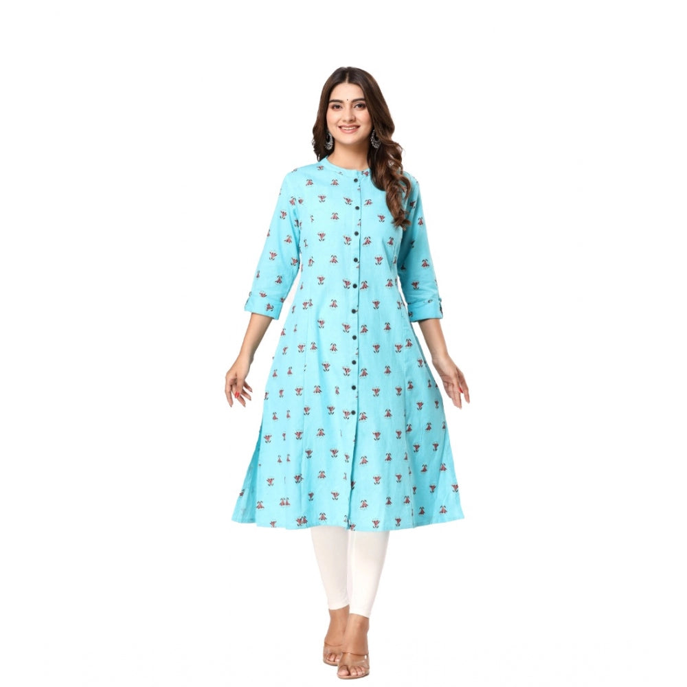 Generic Women's Casual 3/4th Sleeve Floral Printed Cotton Flex Kurti (Blue) - Noble Nook