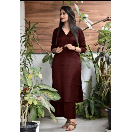 Generic Women's Casual 3/4th Sleeve Solid Jam Cotton kurti With Pant Set (Maroon) - Noble Nook