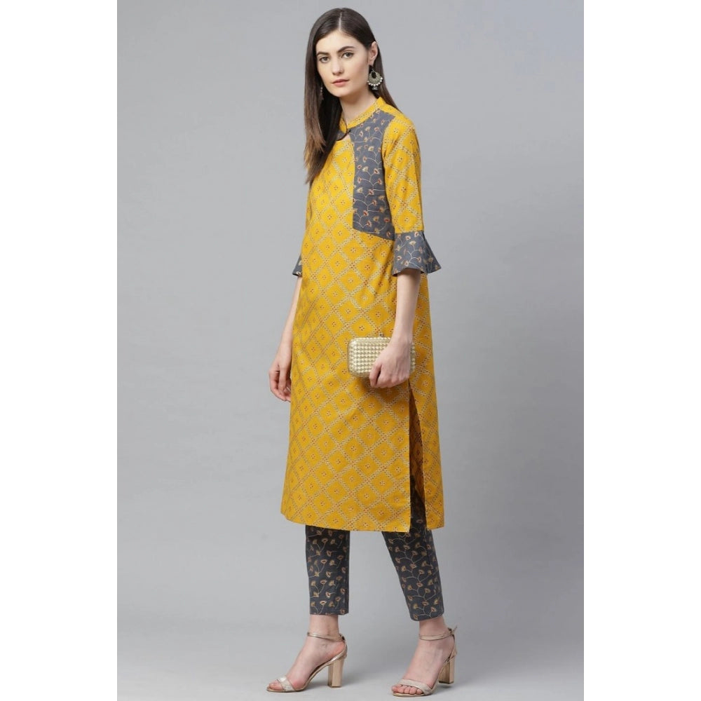 Generic Women's Casual Bell Sleeves Geomatrical Printed Cotton Kurti Set (Yellow) - Noble Nook