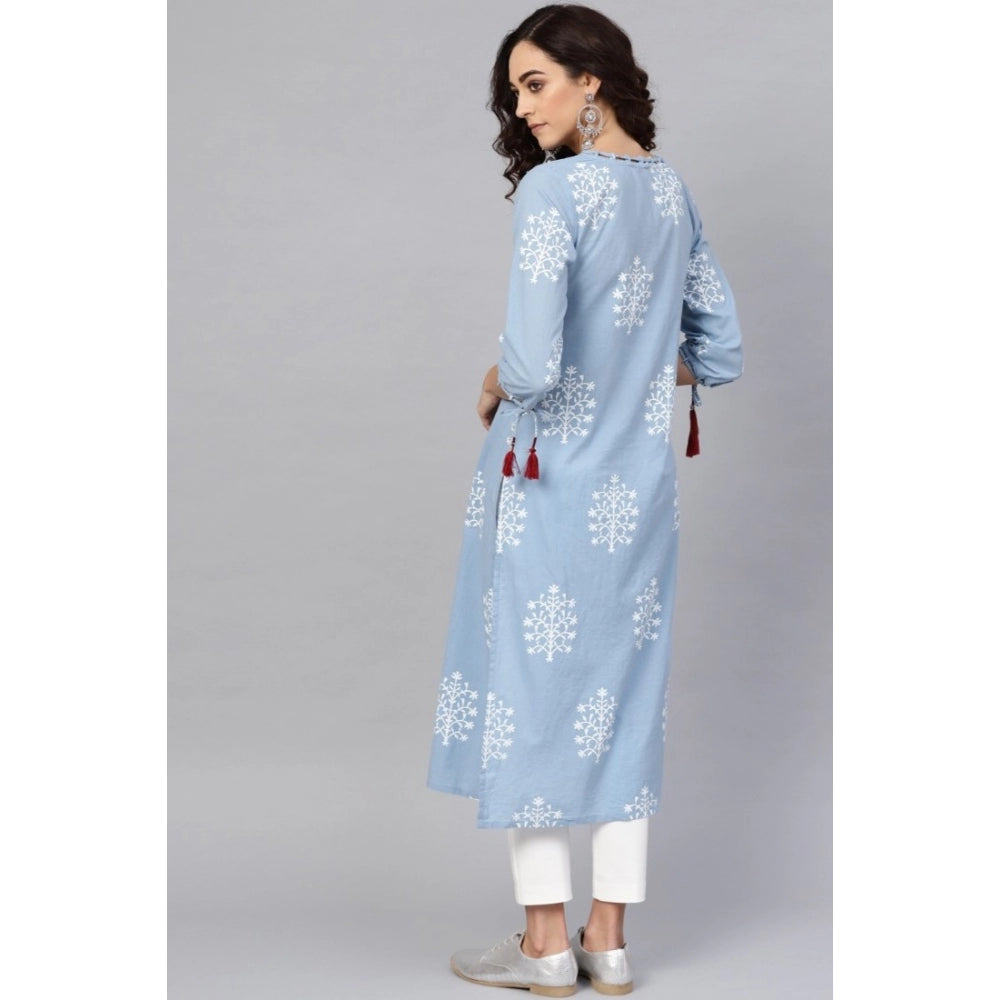 Generic Women's Casual 3/4 th Sleeve Embroidery Cambric Cotton Kurti (Blue) - Noble Nook