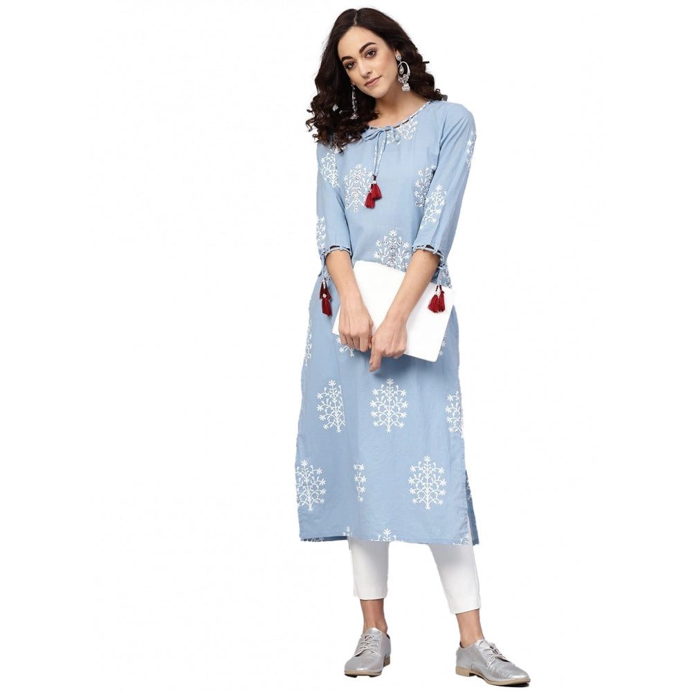 Generic Women's Casual 3/4 th Sleeve Embroidery Cambric Cotton Kurti (Blue) - Noble Nook