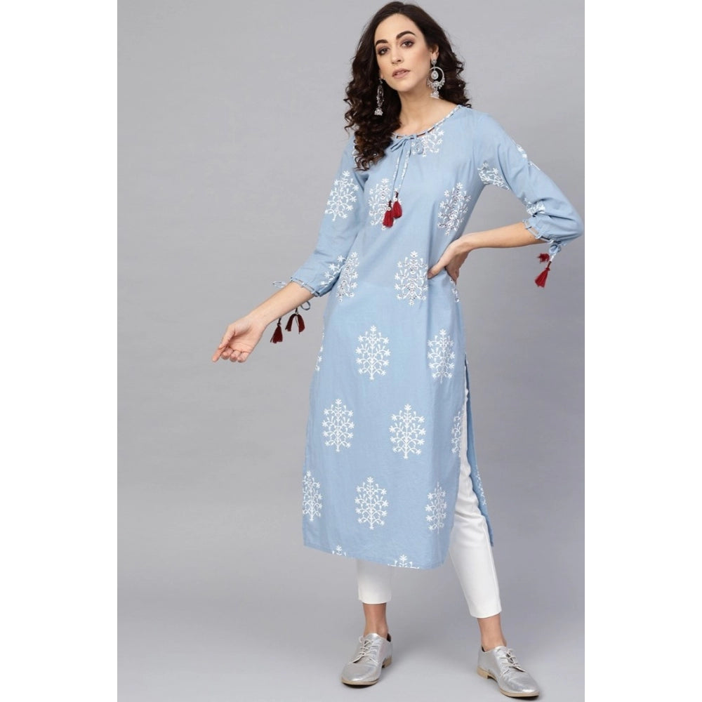 Generic Women's Casual 3/4 th Sleeve Embroidery Cambric Cotton Kurti (Blue) - Noble Nook