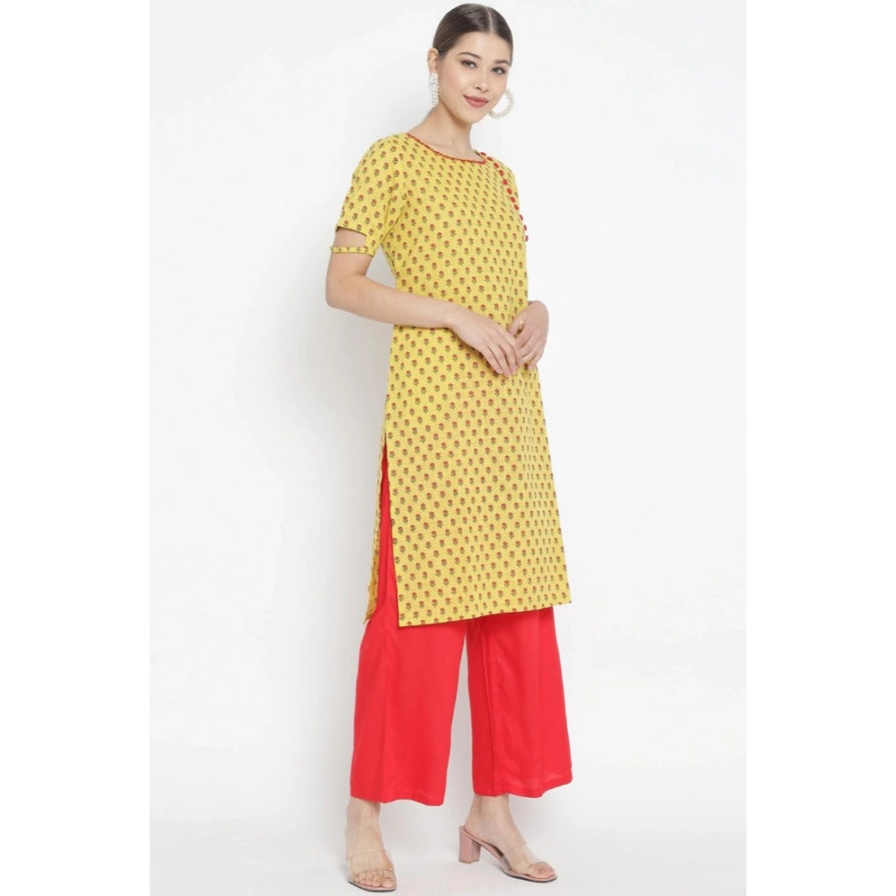 Generic Women's Casual Short Sleeves Floral Printed Cotton &amp; Rayon Kurti Palazzo Set (Yellow &amp; Red) - Noble Nook