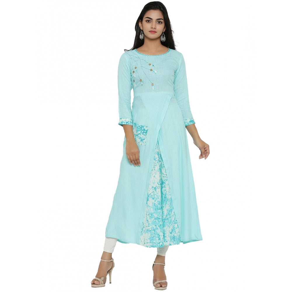 Generic Women's Casual 3/4 th Sleeve Embroidery Rayon Kurti (Sky Blue) - Noble Nook