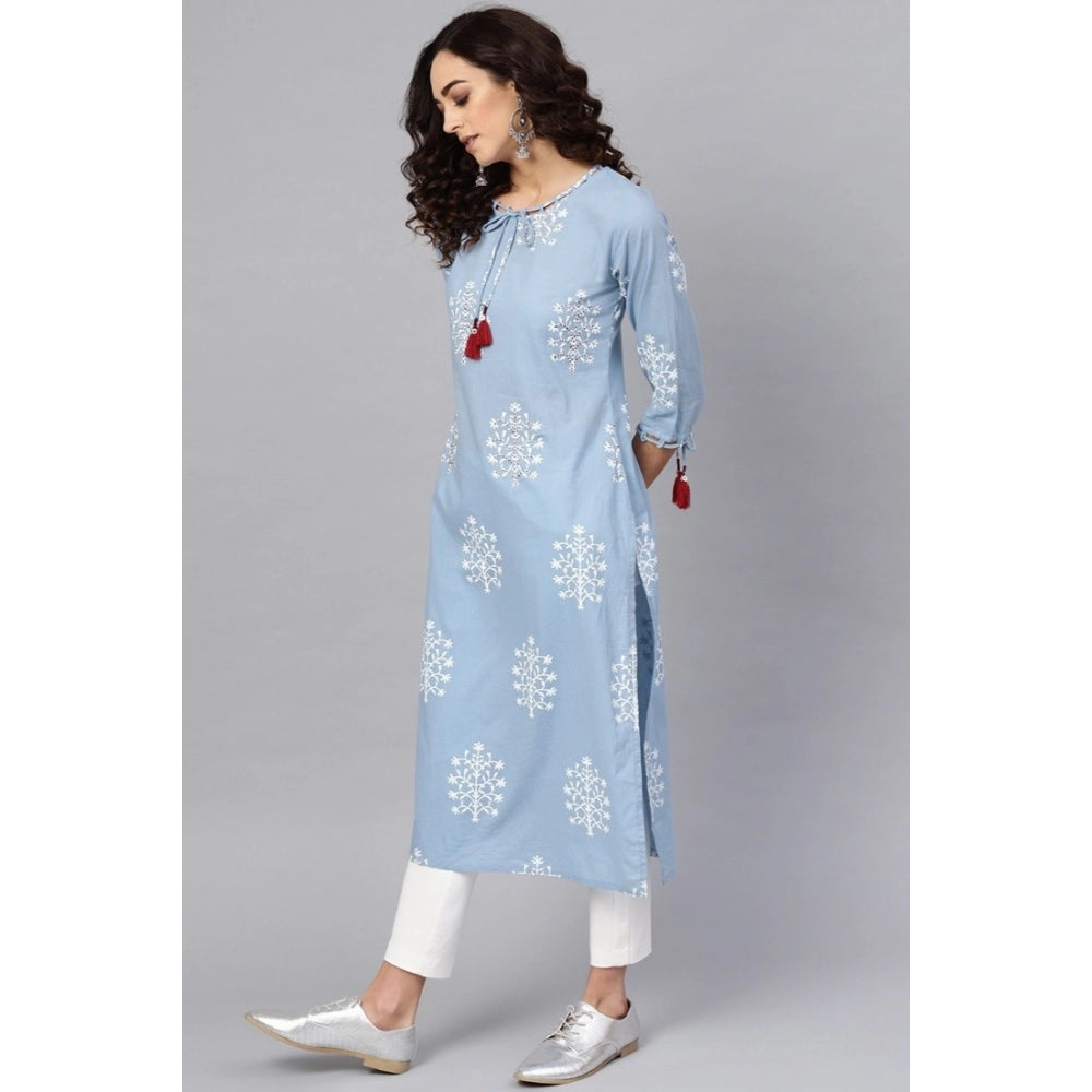 Generic Women's Casual 3/4 th Sleeve Embroidery Cambric Cotton Kurti (Blue) - Noble Nook