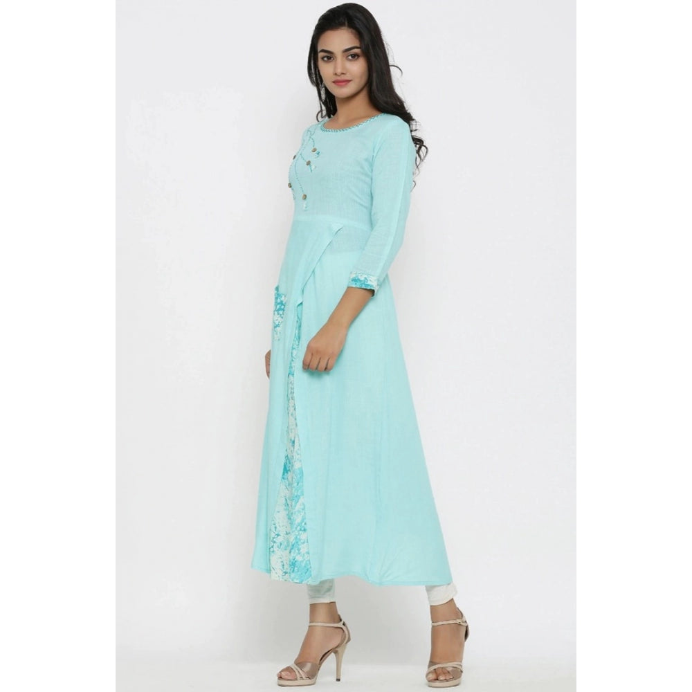 Generic Women's Casual 3/4 th Sleeve Embroidery Rayon Kurti (Sky Blue) - Noble Nook