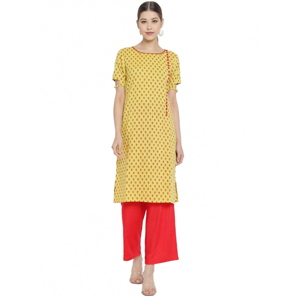 Generic Women's Casual Short Sleeves Floral Printed Cotton &amp; Rayon Kurti Palazzo Set (Yellow &amp; Red) - Noble Nook