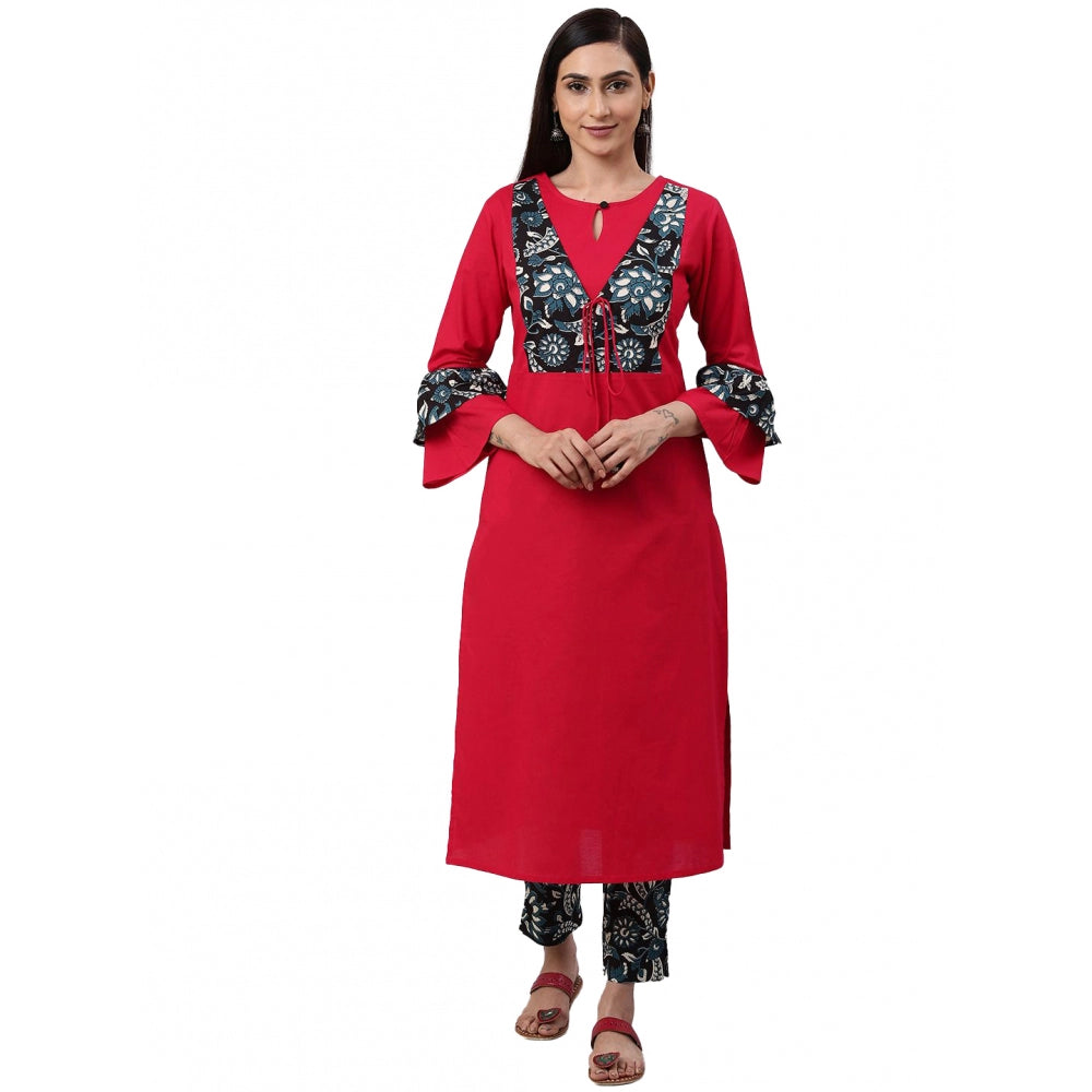 Generic Women's Casual Bell Sleeves Floral Printed Cotton Kurti Set (Rani Pink) - Noble Nook