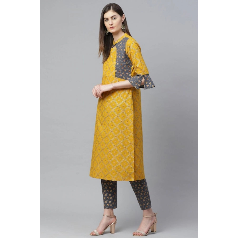 Generic Women's Casual Bell Sleeves Geomatrical Printed Cotton Kurti Set (Yellow) - Noble Nook