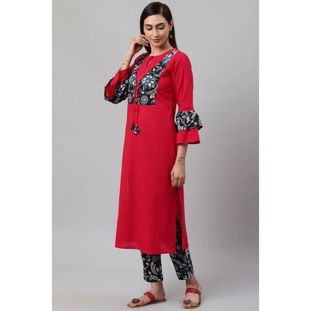 Generic Women's Casual Bell Sleeves Floral Printed Cotton Kurti Set (Rani Pink) - Noble Nook