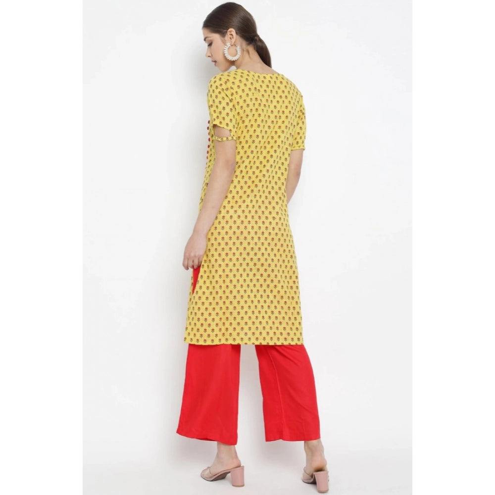 Generic Women's Casual Short Sleeves Floral Printed Cotton &amp; Rayon Kurti Palazzo Set (Yellow &amp; Red) - Noble Nook