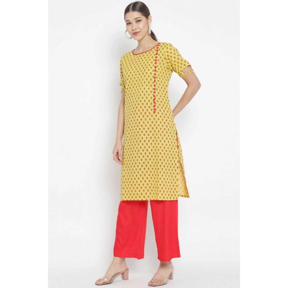 Generic Women's Casual Short Sleeves Floral Printed Cotton &amp; Rayon Kurti Palazzo Set (Yellow &amp; Red) - Noble Nook