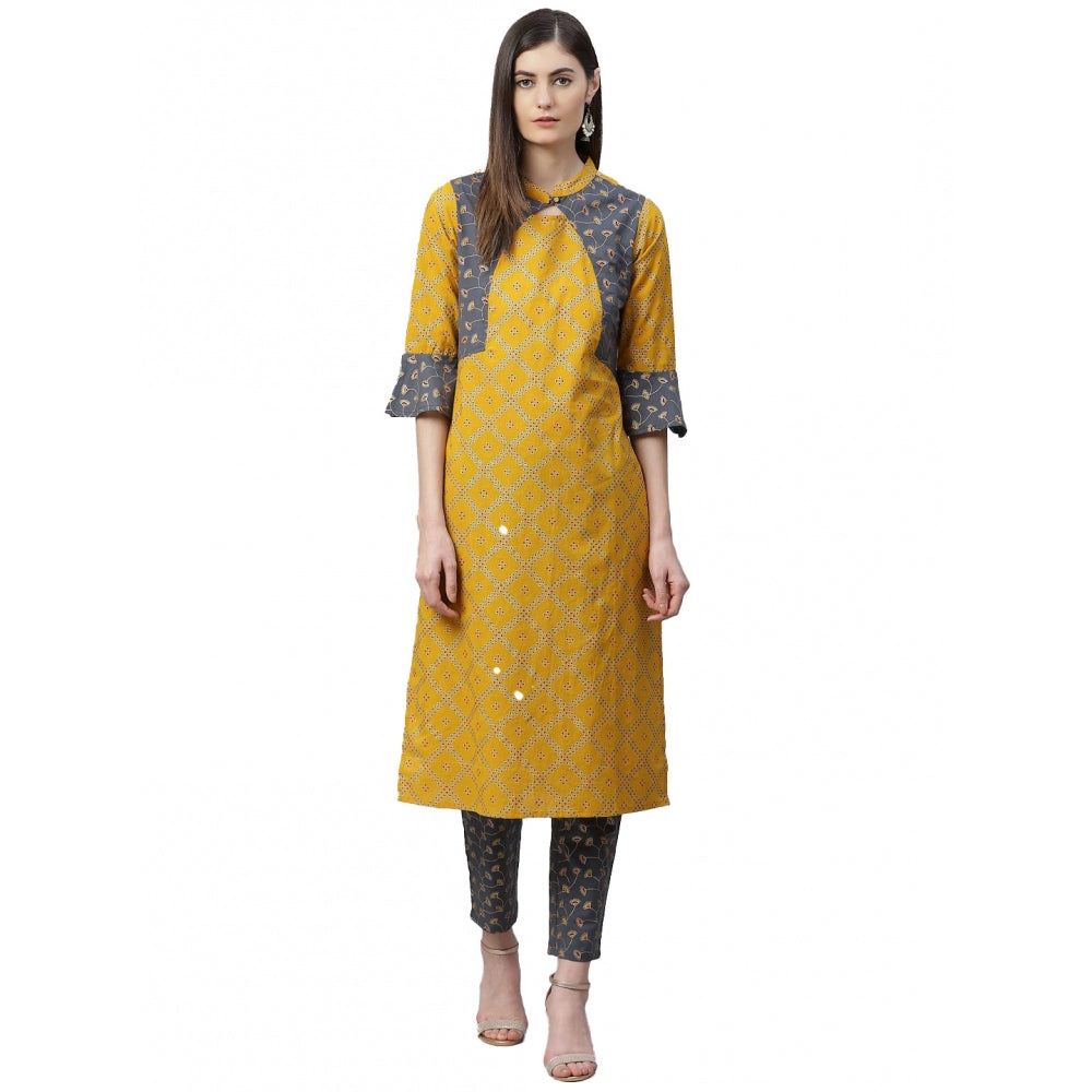 Generic Women's Casual Bell Sleeves Geomatrical Printed Cotton Kurti Set (Yellow) - Noble Nook