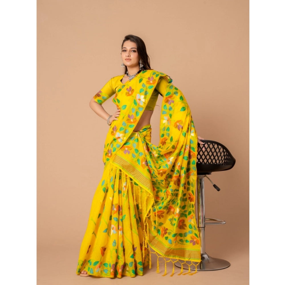 Generic Women's Cotton Printed Saree With Unstitched Blouse (Yellow, 5-6 Mtrs) - Noble Nook