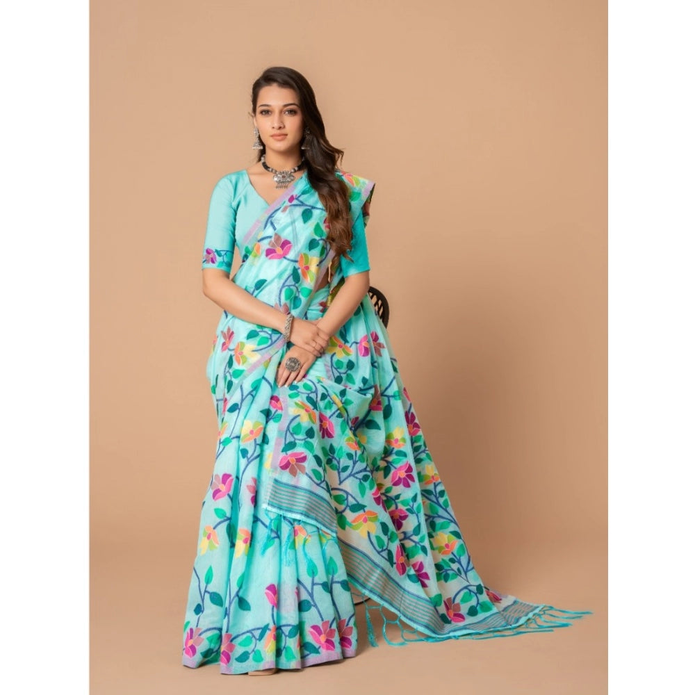 Generic Women's Cotton Printed Saree With Unstitched Blouse (Sky Blue, 5-6 Mtrs) - Noble Nook