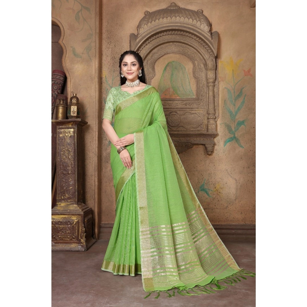 Generic Women's Soft Linen Striped Saree With Unstitched Blouse (Green, 5-6 Mtrs) - Noble Nook