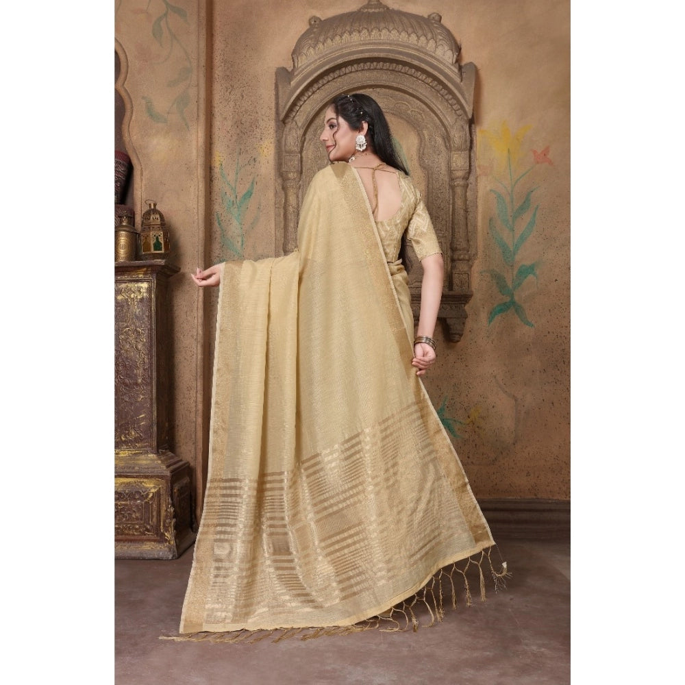 Generic Women's Soft Linen Striped Saree With Unstitched Blouse (Beige, 5-6 Mtrs) - Noble Nook