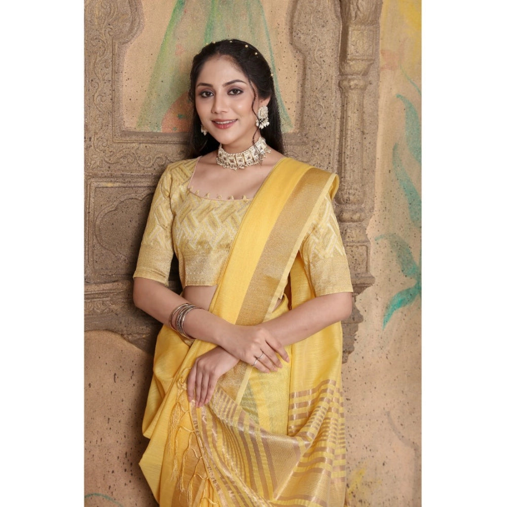 Generic Women's Soft Linen Striped Saree With Unstitched Blouse (Yellow, 5-6 Mtrs) - Noble Nook