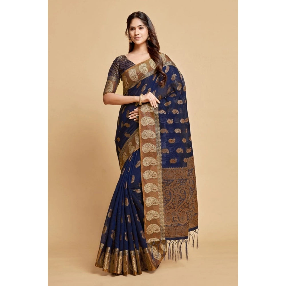 Generic Women's Chanderi Cotton Printed Saree With Unstitched Blouse (Navy Blue, 5-6 Mtrs) - Noble Nook