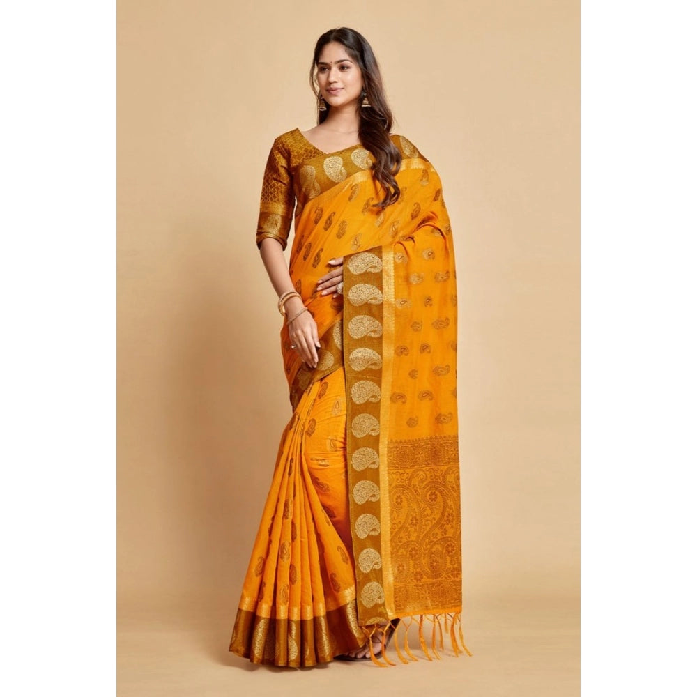 Generic Women's Chanderi Cotton Printed Saree With Unstitched Blouse (Mustard, 5-6 Mtrs) - Noble Nook