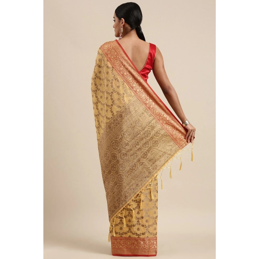 Generic Women's Chanderi Cotton Printed Saree With Unstitched Blouse (Yellow, 5-6 Mtrs) - Noble Nook