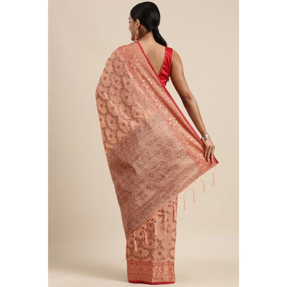 Generic Women's Chanderi Cotton Printed Saree With Unstitched Blouse (Peach, 5-6 Mtrs) - Noble Nook