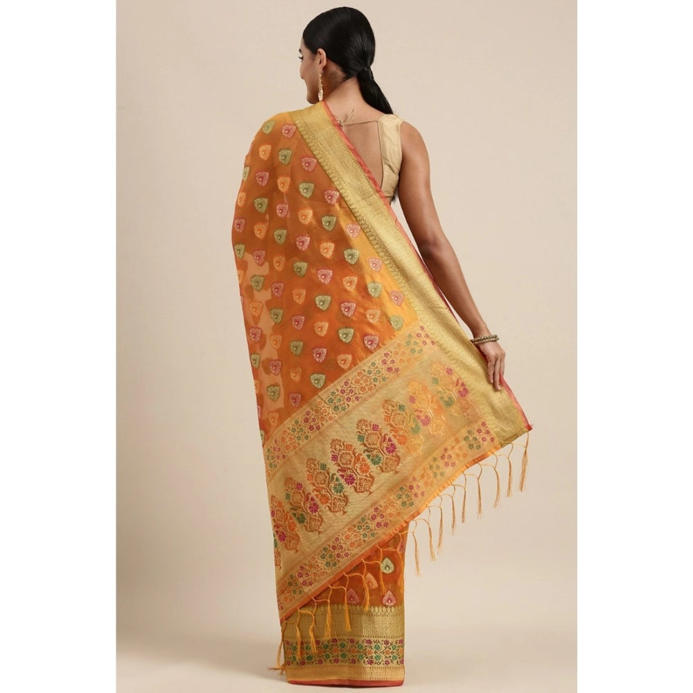 Generic Women's Organza Printed Saree With Unstitched Blouse (Mustard, 5-6 Mtrs) - Noble Nook