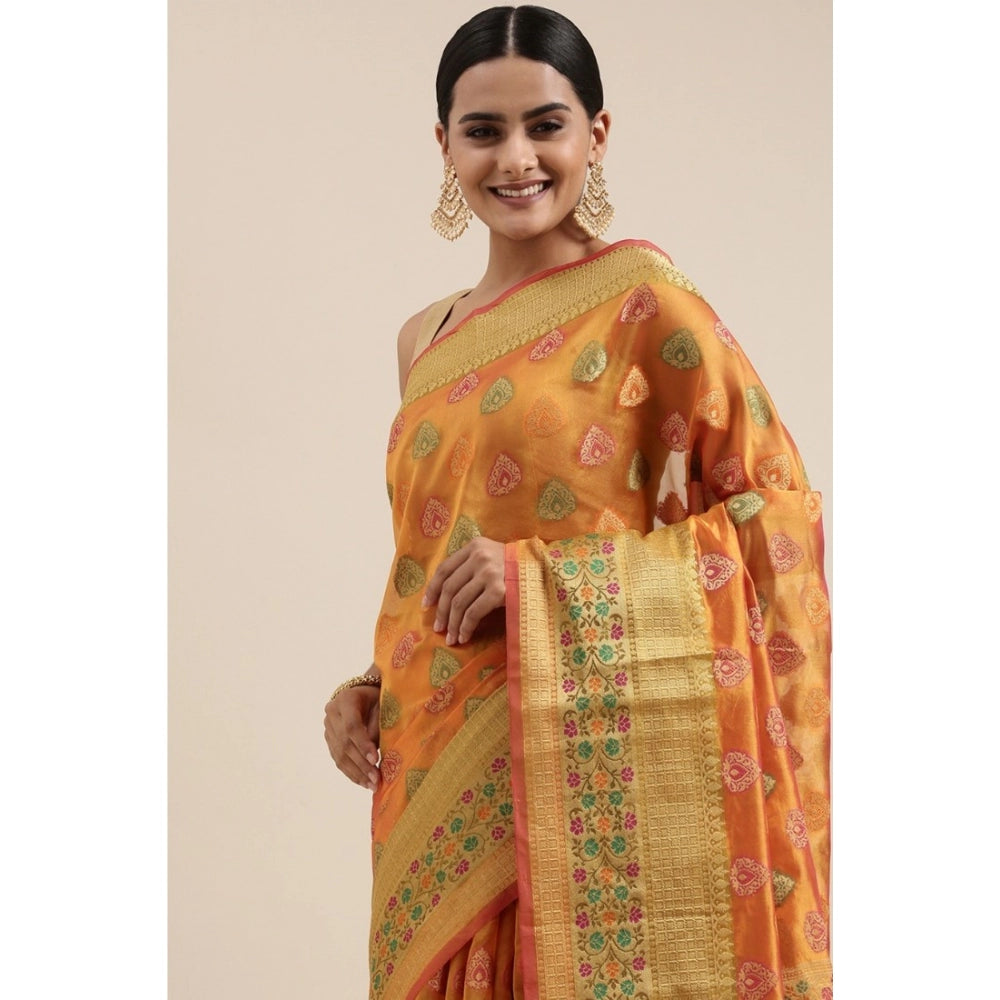 Generic Women's Organza Printed Saree With Unstitched Blouse (Mustard, 5-6 Mtrs) - Noble Nook