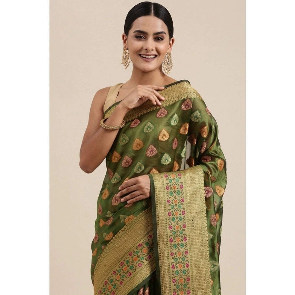 Generic Women's Organza Printed Saree With Unstitched Blouse (Mahendi, 5-6 Mtrs) - Noble Nook