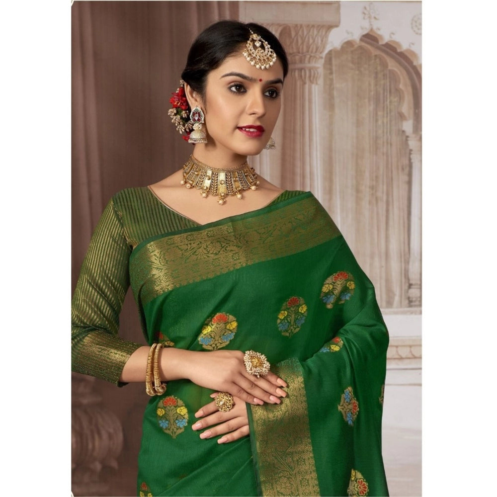 Generic Women's Linen Printed Saree With Unstitched Blouse (Dark Green, 5-6 Mtrs) - Noble Nook