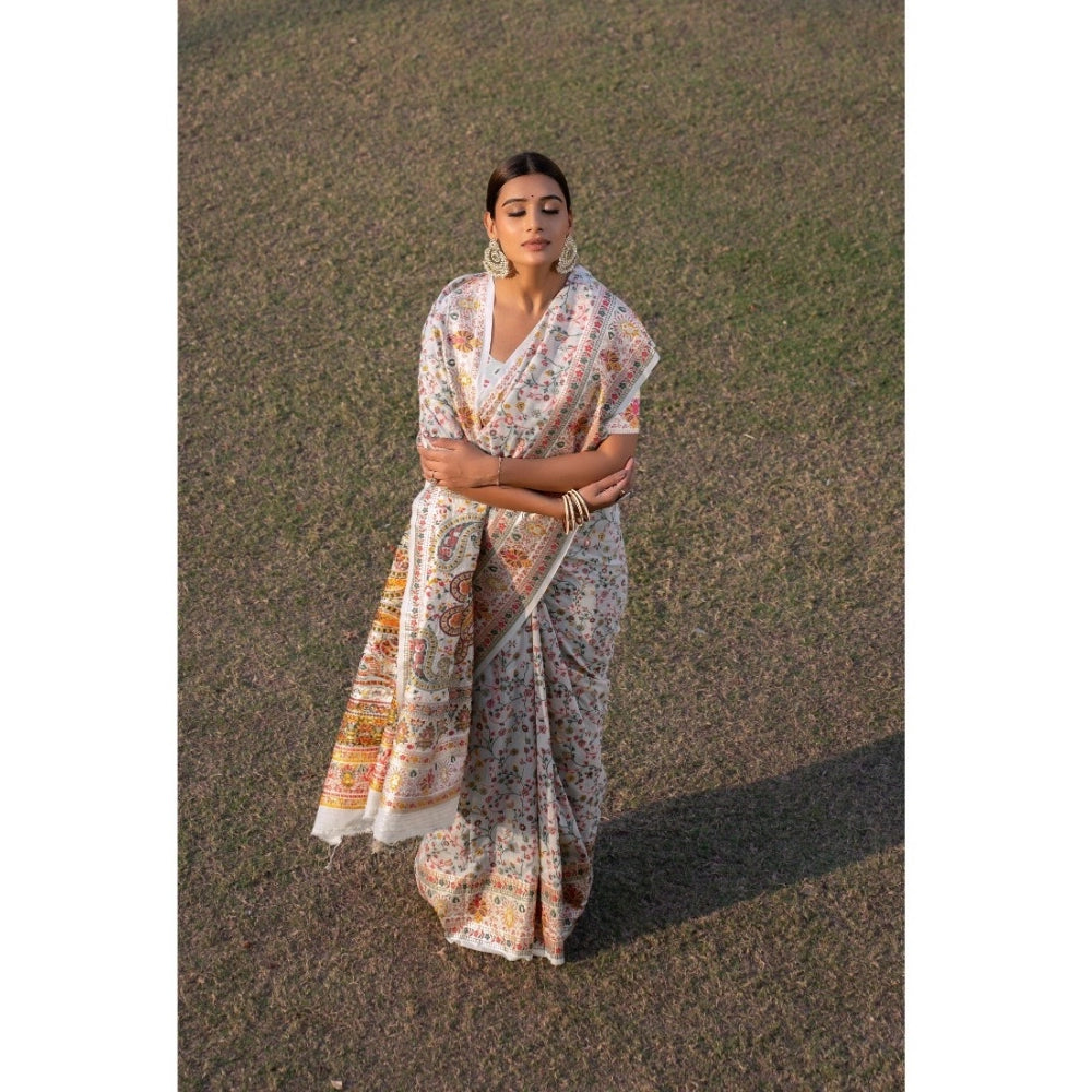 Generic Women's Linen Printed Saree With Unstitched Blouse (White, 5-6 Mtrs) - Noble Nook