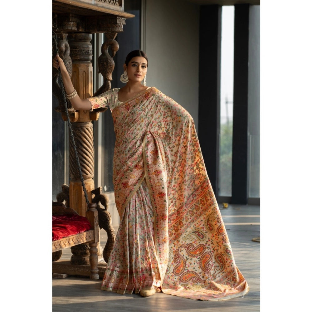 Generic Women's Linen Printed Saree With Unstitched Blouse (Beige, 5-6 Mtrs) - Noble Nook