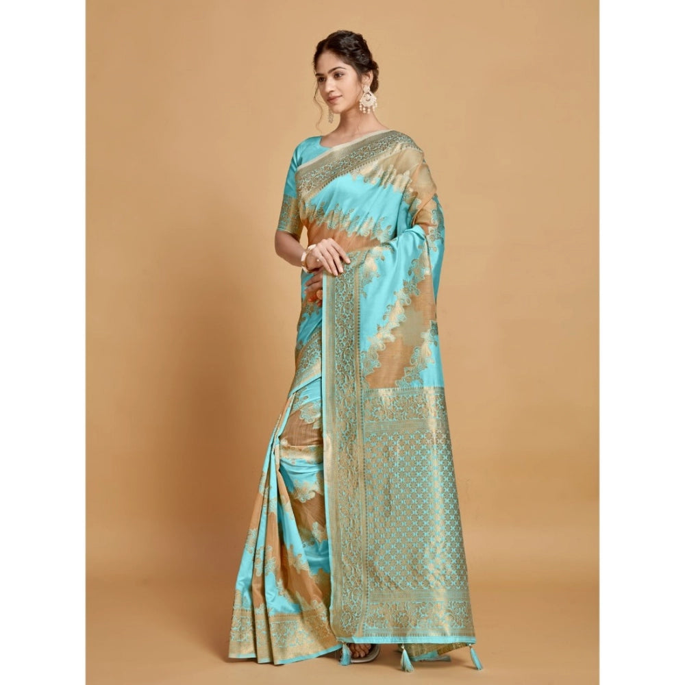 Generic Women's Linen Printed Saree With Unstitched Blouse (Sky Blue, 5-6 Mtrs) - Noble Nook