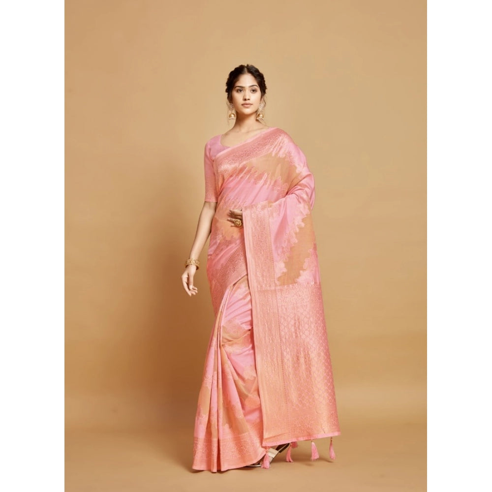 Generic Women's Linen Printed Saree With Unstitched Blouse (Pink, 5-6 Mtrs) - Noble Nook