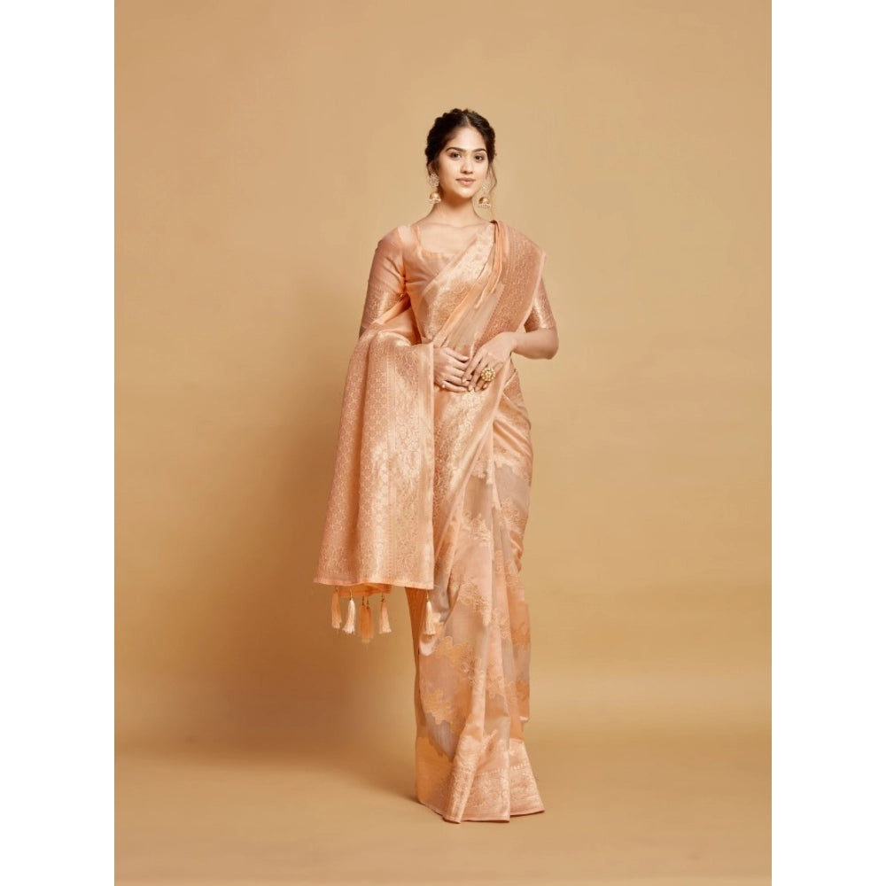 Generic Women's Linen Printed Saree With Unstitched Blouse (Peach, 5-6 Mtrs) - Noble Nook