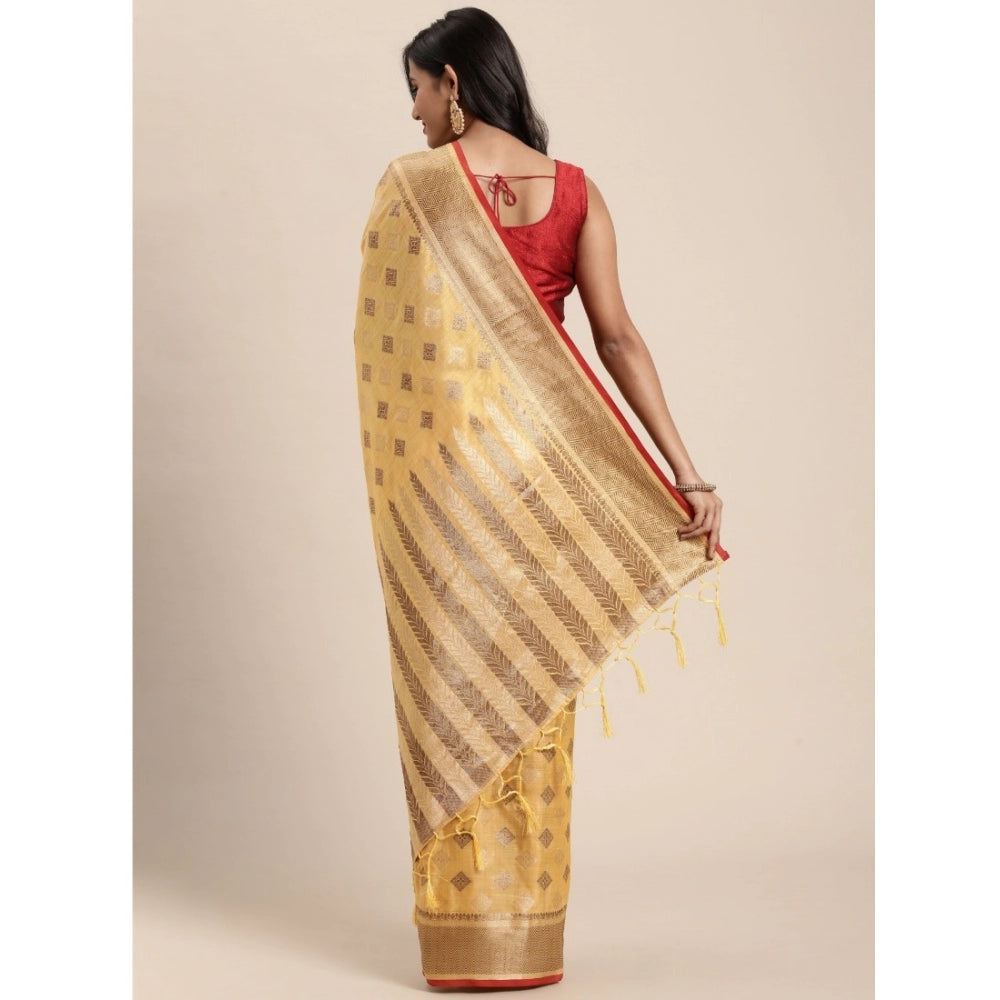 Generic Women's Chanderi Cotton Printed Saree With Unstitched Blouse (Yellow, 5-6 Mtrs) - Noble Nook