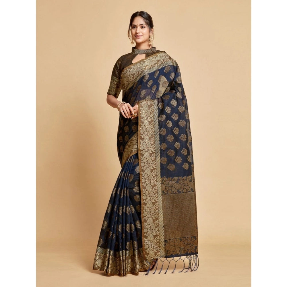 Generic Women's Chanderi Cotton Printed Saree With Unstitched Blouse (Navy, 5-6 Mtrs) - Noble Nook