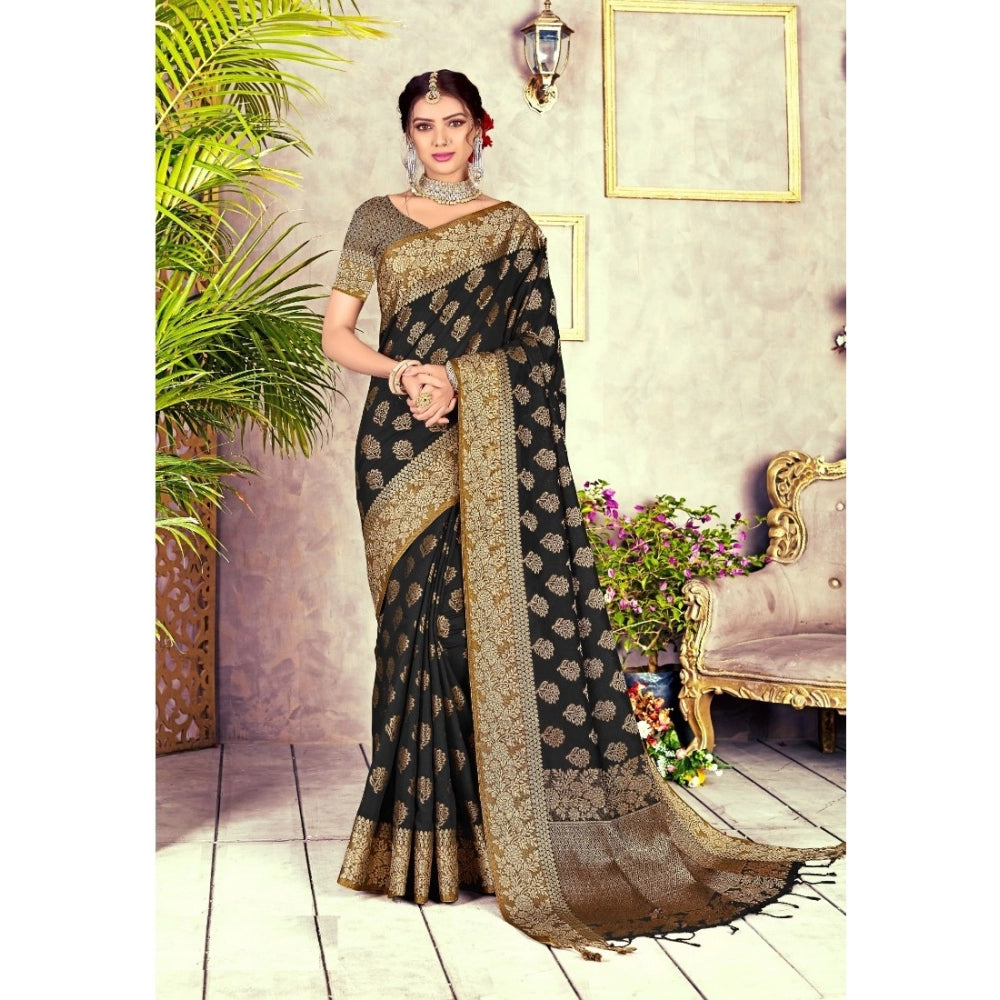 Generic Women's Chanderi Cotton Printed Saree With Unstitched Blouse (Black, 5-6 Mtrs) - Noble Nook