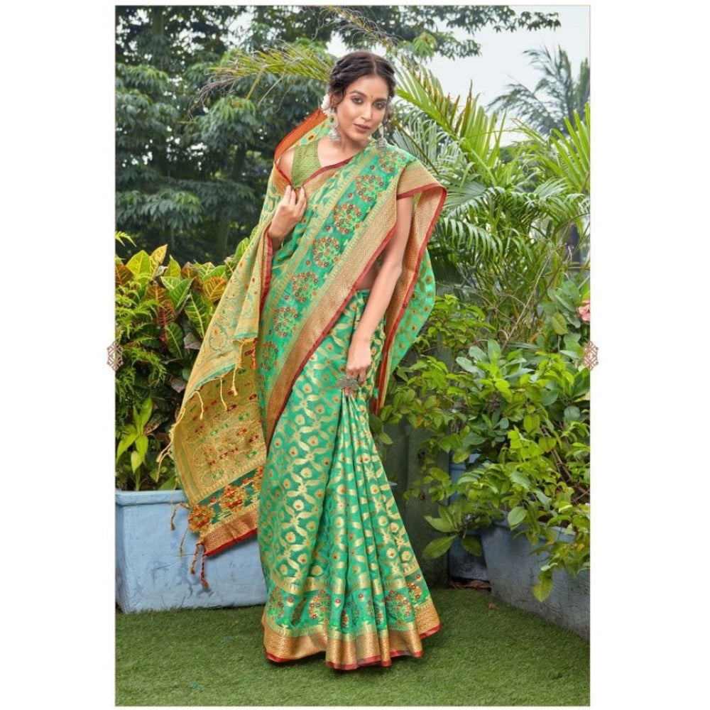 Generic Women's Organza Printed Saree With Unstitched Blouse (Green, 5-6 Mtrs) - Noble Nook